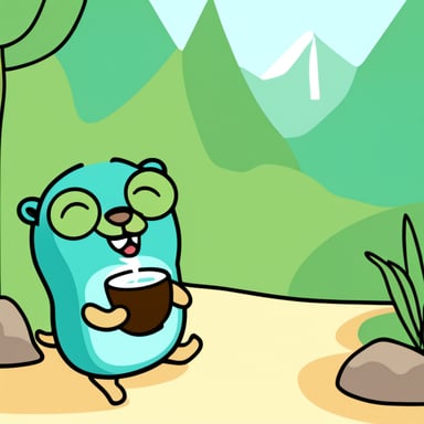Happy Go Blue Gopher drinking green tea.