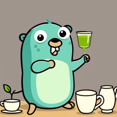 Happy Go Blue Gopher drinking green tea.