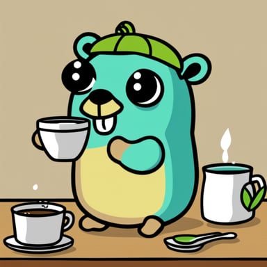 Happy Go Blue Gopher drinking green tea.