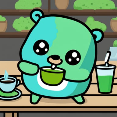 Happy go blue gopher drinking matcha