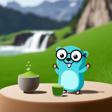 Happy go blue gopher drinking matcha