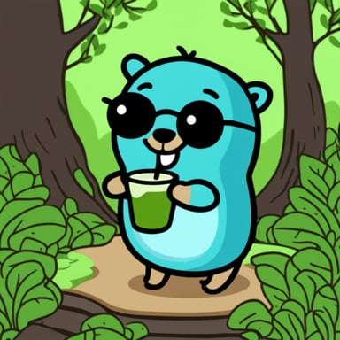 Happy go blue gopher drinking matcha