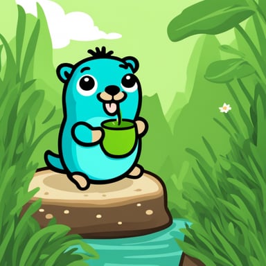 Happy go blue gopher drinking matcha