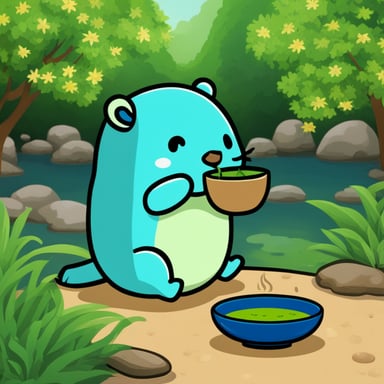 Happy Go Blue Gopher drinking matcha in a Japanese garden.