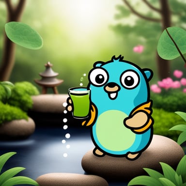 Happy Go Blue Gopher drinking matcha in a Japanese garden.