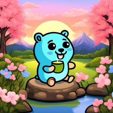 Happy Go Blue Gopher drinking matcha in a Japanese garden.