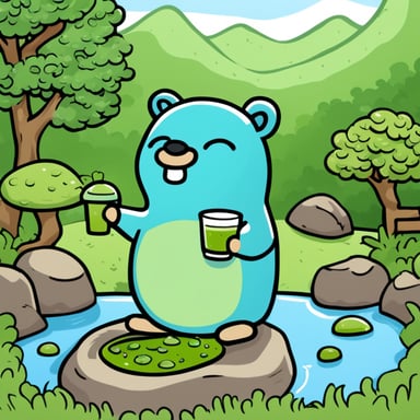 Happy Go Blue Gopher drinking matcha in a Japanese garden.
