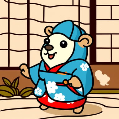 Happy Go Blue Gopher in a Japanese kimono in Japan.
