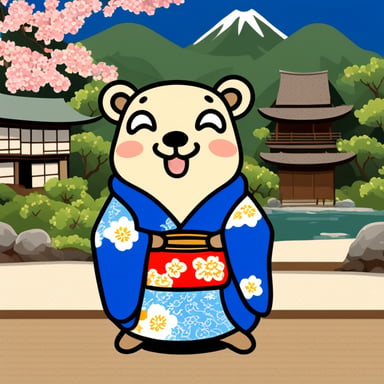 Happy Go Blue Gopher in a Japanese kimono in Japan.