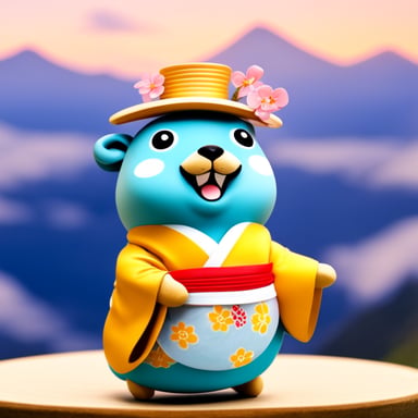 Happy Go Blue Gopher in a Japanese kimono in Japan.