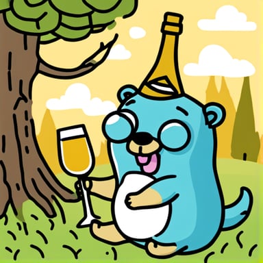 Happy Go Blue Gopher drinking champagne.