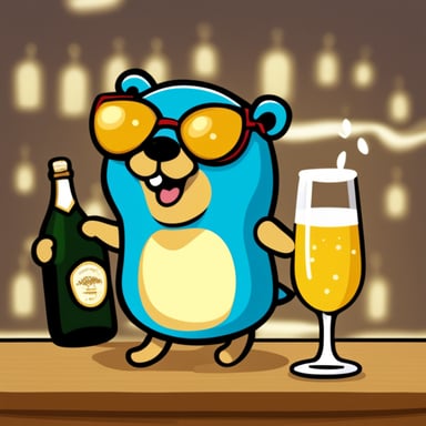 Happy Go Blue Gopher drinking champagne.