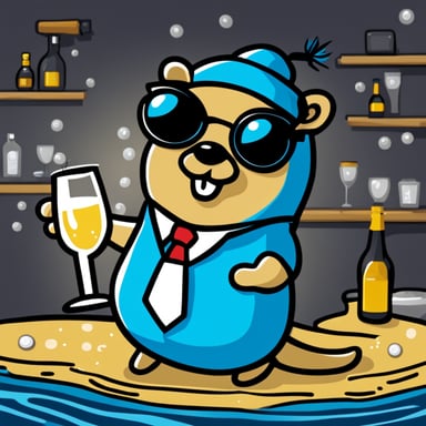 Happy Go Blue Gopher drinking champagne.