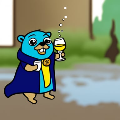 Happy Go Blue Gopher drinking champagne.