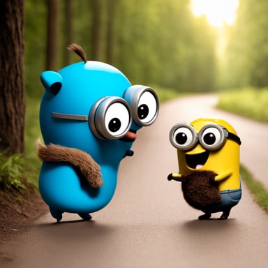 Happy go blue gopher meeting a minion as go blue gopher.
