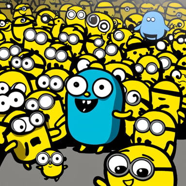 Happy go blue gopher meeting minions.