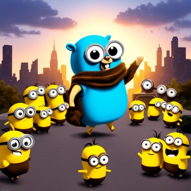 Happy go blue gopher meeting minions.