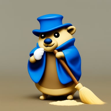 Go blue gopher in a maiden outfit cleaning dust with a broom.