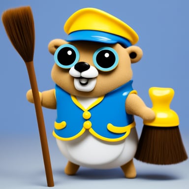 Go blue gopher in a maiden outfit cleaning dust with a broom.