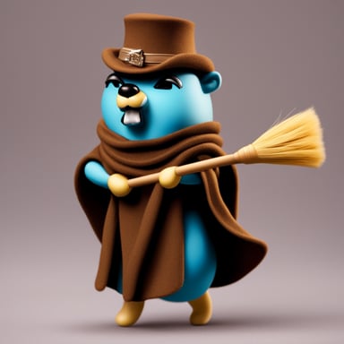 Go blue gopher in a maiden outfit cleaning dust with a broom.