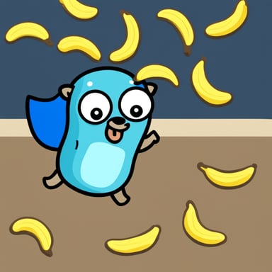 A Go Blue Gopher running between banana skins.