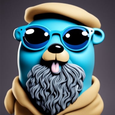 Happy go blue gopher with a long grey beard and glasses.
