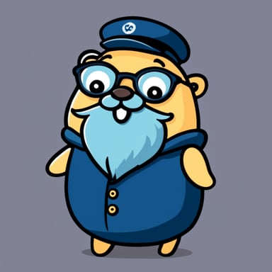 Happy go blue gopher with a long grey beard and glasses.