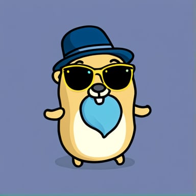 Happy go blue gopher with a long grey beard and glasses.