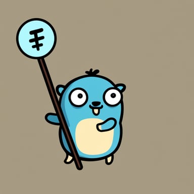 Go Blue Gopher holding a staff that has a plus sign and semicolon on the end.