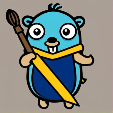 Go Blue Gopher holding a staff that has a plus sign and semicolon on the end.