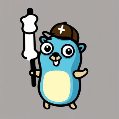 Go Blue Gopher holding a staff that has a plus sign and semicolon on the end.