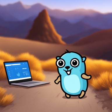 Go Blue Gopher coding in front of mountains.