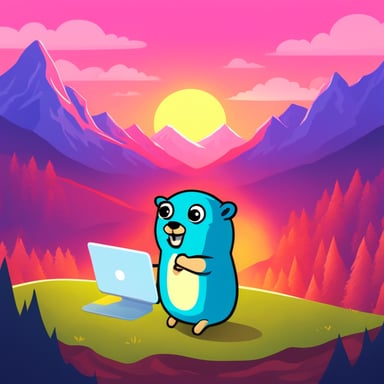 Go Blue Gopher coding in front of mountains.