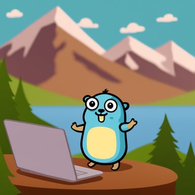 Go Blue Gopher coding in front of mountains.