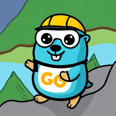 Go Blue Gopher with a beard and wearing a t-shirt with the text 'easygo' is coding in front of mountains.