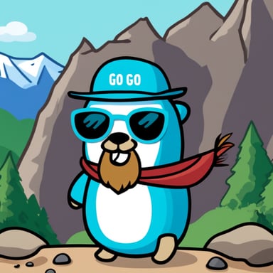 Go Blue Gopher with a beard and wearing a t-shirt with the text 'easygo' is coding in front of mountains.