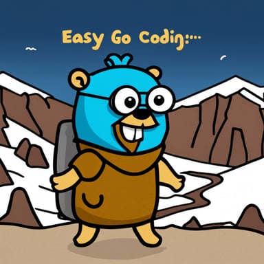 Go Blue Gopher with a beard and wearing a t-shirt with the text 'easygo' is coding in front of mountains.
