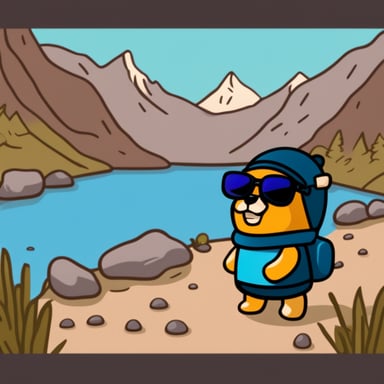 Go Blue Gopher with a beard and wearing a t-shirt with the text 'easygo' is coding in front of mountains.