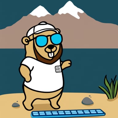 Go Blue Gopher with a beard and wearing a t-shirt with the text 'easygo'. He is coding in front of mountains and a lake.