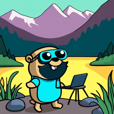 Go Blue Gopher with a beard and wearing a t-shirt with the text 'easygo'. He is coding in front of mountains and a lake.