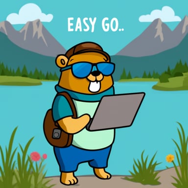 Go Blue Gopher with a beard and wearing a t-shirt with the text 'easygo'. He is coding in front of mountains and a lake.