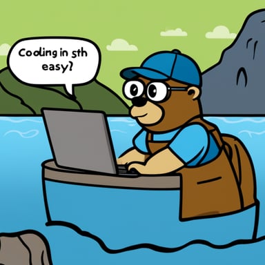 Go Blue Gopher with a beard and wearing a t-shirt with the text 'easygo'. He is coding in front of mountains and a lake.