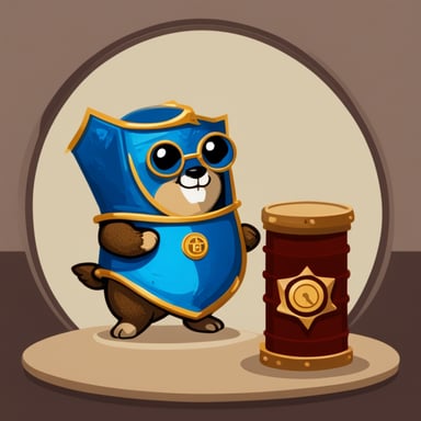 Go blue gopher, adorned in armor and clutching a certificate scroll secured with a lock, stands beside a Kubernetes pod.
