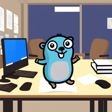 happy go blue gopher in office
