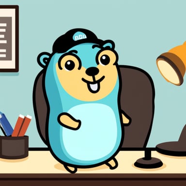 happy go blue gopher in office