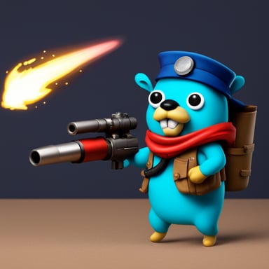 Go Blue Gopher with a flare gun launching rockets to a server.