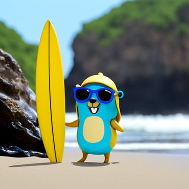 Go blue gopher with surfboard at the beach.