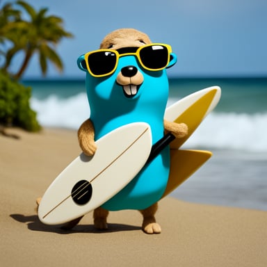 Go blue gopher with surfboard at the beach.