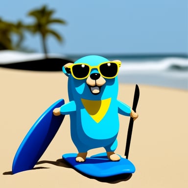 Go blue gopher with surfboard at the beach.