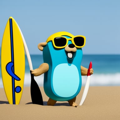 Go blue gopher with surfboard at the beach.